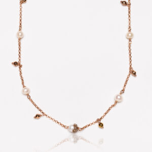 Collana girocollo donna con pietre naturali in Perle bianche barocche naturali, oro rosa, argento 925 anallergico, micro glitter